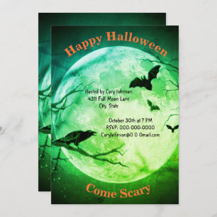 Full Moon, Crow, Bats, Green Tint  Sky Halloween Invitation