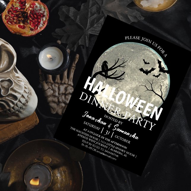 Full Moon Crow & Bats Halloween Dinner Party  Invitation (Creator Uploaded)