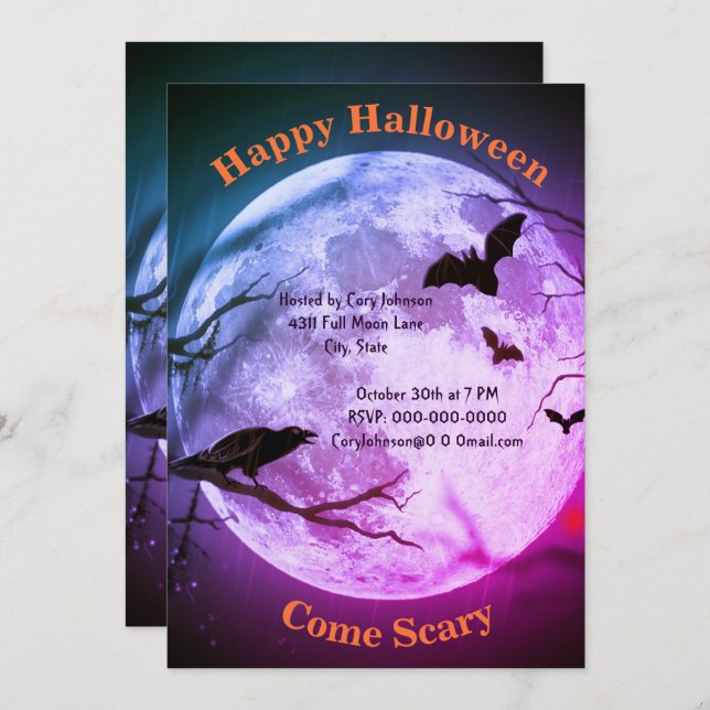 Full Moon, Crow, Bats, Purple Tint  Sky Halloween Invitation (Front/Back)