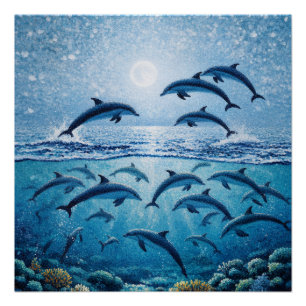 Full Moon Dolphins Poster