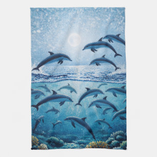 Full Moon Dolphins Tea Towel