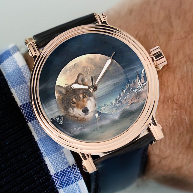 Full Moon Fantasy Landscape Wolf Watch (Men's watch featuring a painted magical fantasy landscape with a full moon and wolf.)