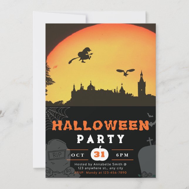 Full Moon Flying Witch Town Black Halloween Invitation (Front)