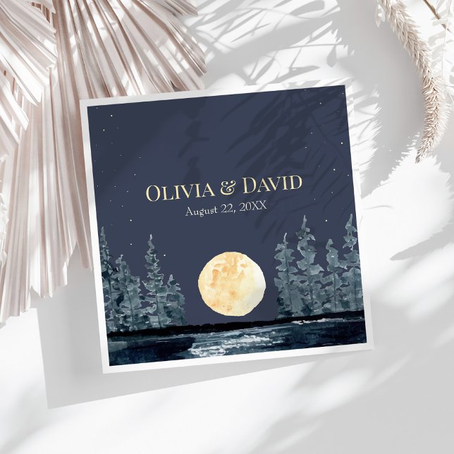 Full Moon Forest and Lake Wedding Napkins (Full Moon Forest and Lake Wedding Napkins on a sunny white table)