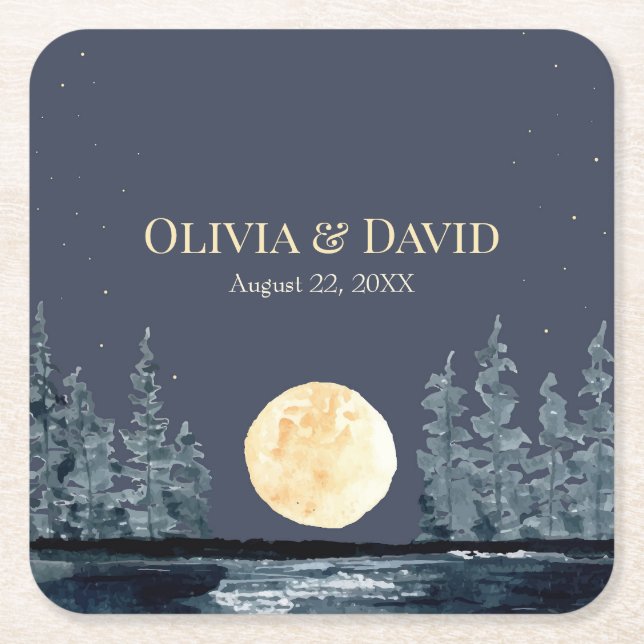 Full Moon Forest and Lake Wedding Napkins Square Paper Coaster (Front)