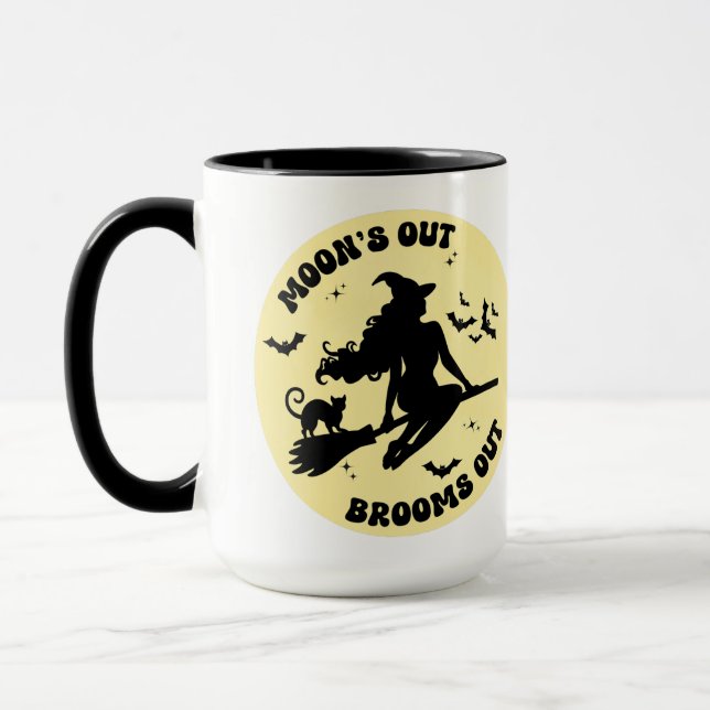 Full moon funny Halloween brooms out witchy vibe Mug (Left)