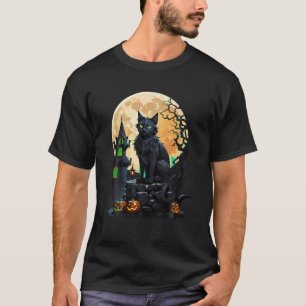 Full Moon Halloween Black Cat Funny Witch black Ca T-Shirt