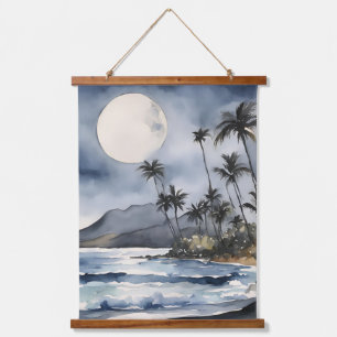 Full Moon Hawaii Tropical Beach Palm Trees Hanging Tapestry