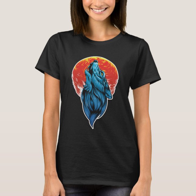 Full Moon Howling Wolf Illustration T-Shirt (Front)