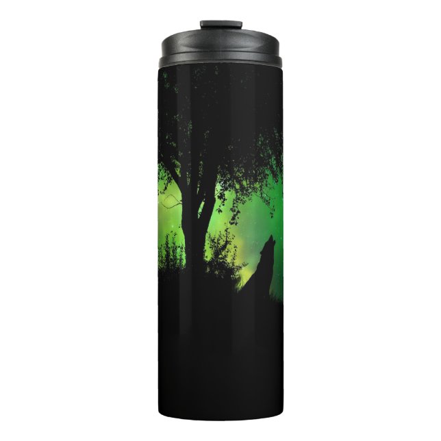 Full Moon Howling Wolf Silhouette Under Tree Thermal Tumbler (Front)