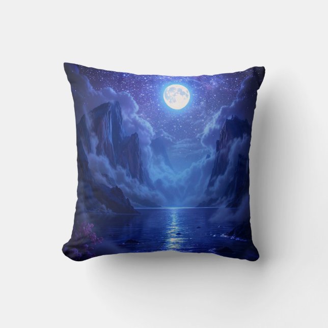 “Full Moon Lake Throw Pillow - Serene Nature (Front)