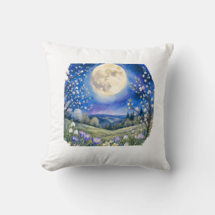Full Moon Landscape Watercolor Pillow Case