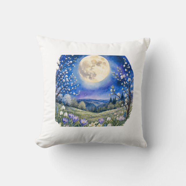 Full Moon Landscape Watercolor Pillow Case (Front)