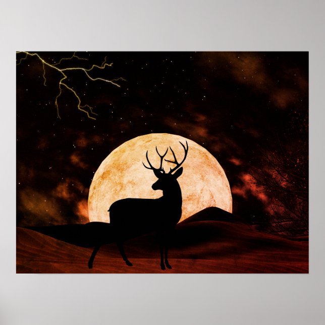 Full Moon, Lightning and Silhouette Buck Poster (Front)