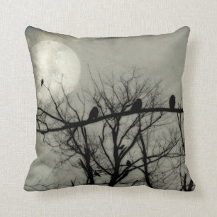 Full Moon Lights The Sky For Crows Cushion