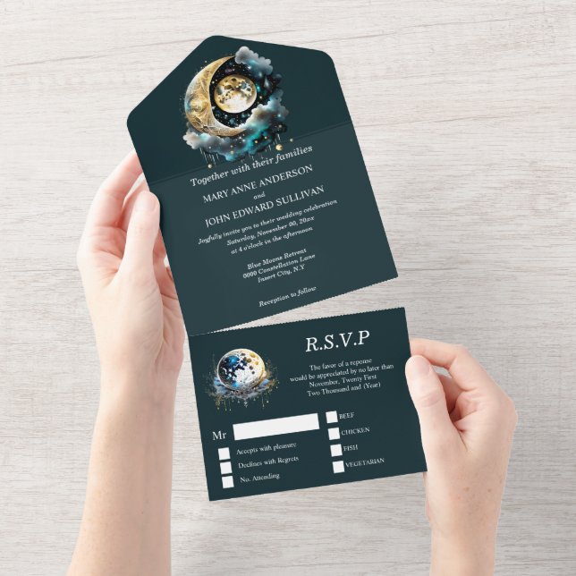 Full moon luna sky starry night black teal chic all in one invitation (Tearaway)