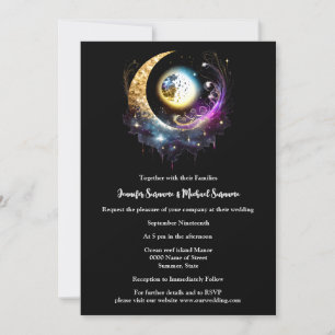 Full moon magenta black celestial starry night invitation