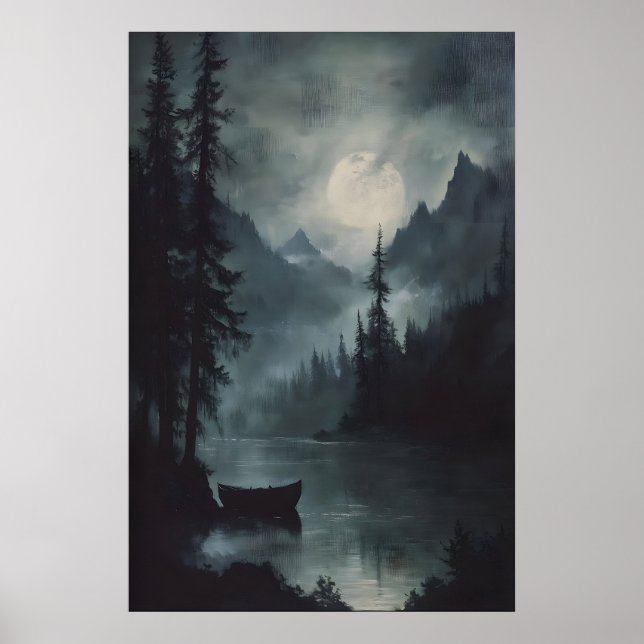 Full Moon Mountain Lake Art Dark Woodland Moody Poster (Front)