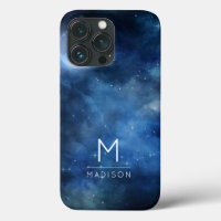 Full Moon Navy Blue Galaxy Sky Celestial Monogram