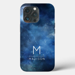 Full Moon Navy Blue Galaxy Sky Celestial Monogram iPhone 13 Pro Case