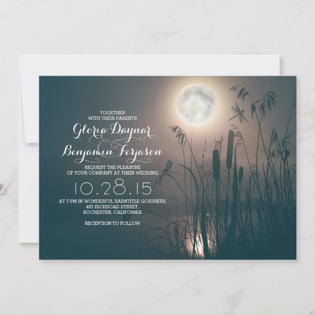 Full moon night dragonfly & water grass wedding invitation (Front)