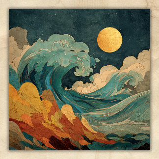 Full Moon Ocean Waves – Abstract Coastal Beach Poster