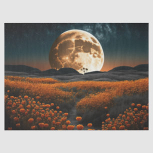 Full Moon Orange Field of Flowers Decoupage Tissue Paper