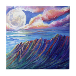 Full Moon Over Kauai Kalalau Valley Ceramic Tile