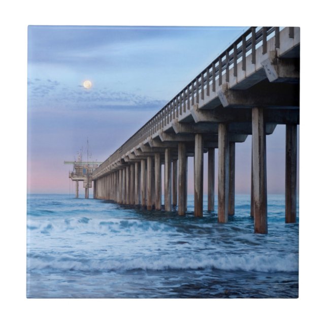 Full moon over pier, California Ceramic Tile (Front)
