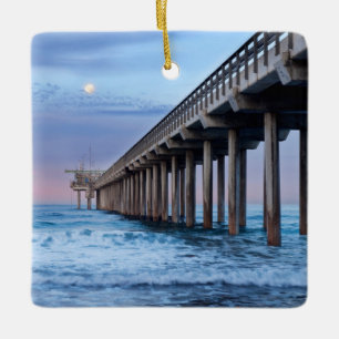 Full moon over pier, California Ceramic Tree Decoration