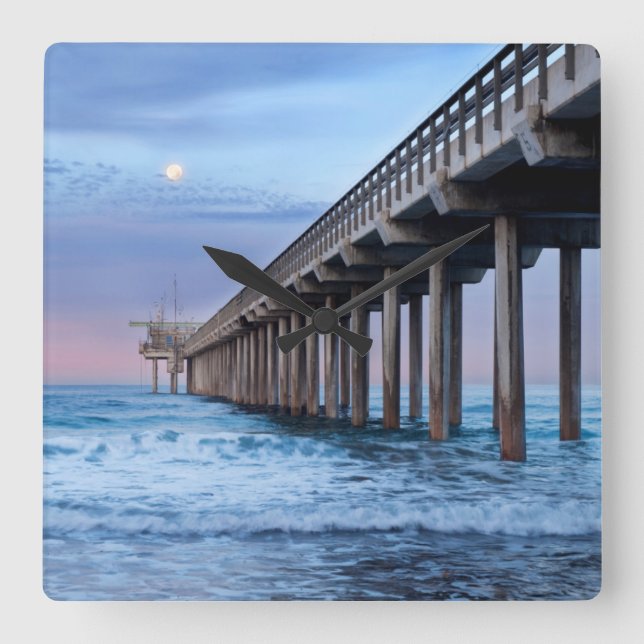 Full moon over pier, California Square Wall Clock (Front)