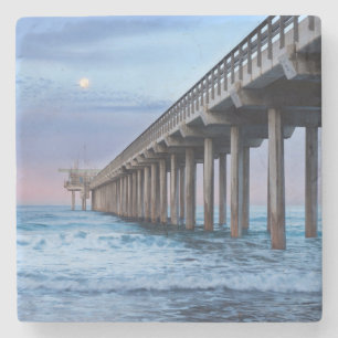 Full moon over pier, California Stone Coaster