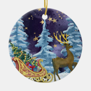 Full Moon Over Reindeer With Sleigh Ceramic Ornament