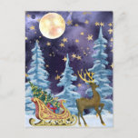 Full Moon Over Reindeer With Sleigh Postcard<br><div class="desc">Magical watercolor illustration of a reindeer with sleigh in a forest with Christmas trees,  covered with snow and lit by the light of the full moon in the starry sky.</div>