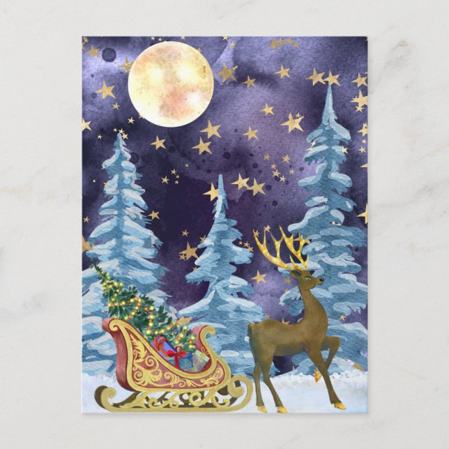 Full Moon Over Reindeer With Sleigh Postcard (Front)