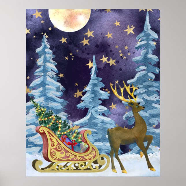 Full Moon Over Reindeer With Sleigh Poster (Front)