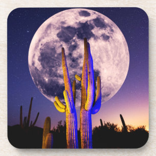 Full Moon Over Saguaro Cactus Coaster