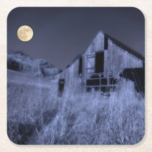 Full Moon Overhead Old Weathered Barn Square Paper Coaster