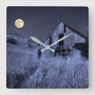 Full Moon Overhead Old Weathered Barn Square Wall Clock