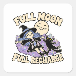 Full Moon Recharge Cute Witch Cat Square Sticker