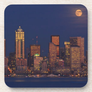 Full moon rising over downtown Seattle skyline Coaster