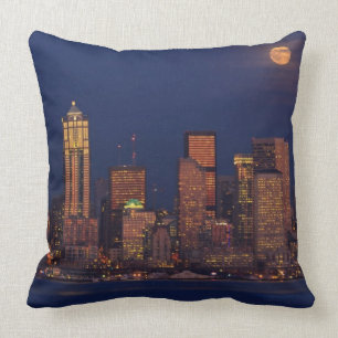 Full moon rising over downtown Seattle skyline Cushion