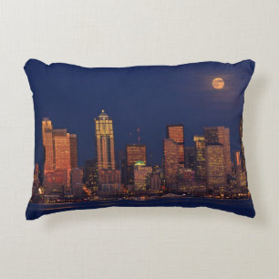 Full moon rising over downtown Seattle skyline Decorative Cushion