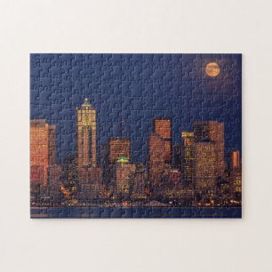 Full moon rising over downtown Seattle skyline Jigsaw Puzzle