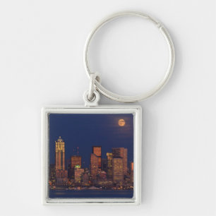 Full moon rising over downtown Seattle skyline Key Ring