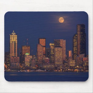 Full moon rising over downtown Seattle skyline Mouse Pad