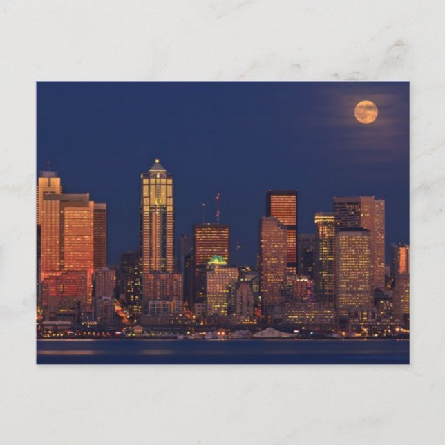Full moon rising over downtown Seattle skyline Postcard (Front)