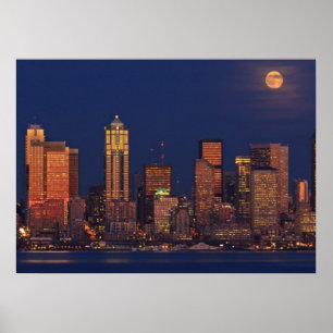 Full moon rising over downtown Seattle skyline Poster