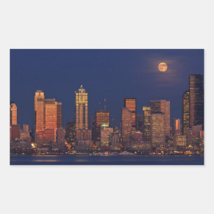Full moon rising over downtown Seattle skyline Rectangular Sticker