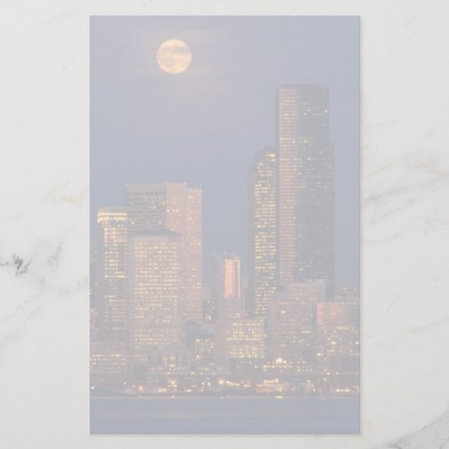 Full moon rising over downtown Seattle skyline Stationery (Front)
